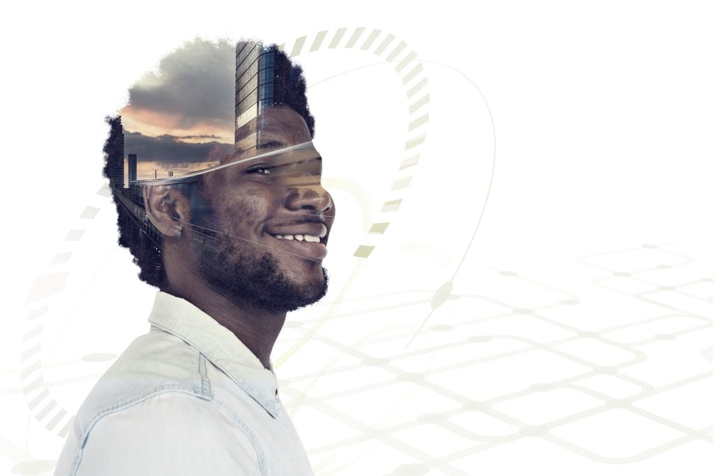 Cheerful black man with a creative idea futuro