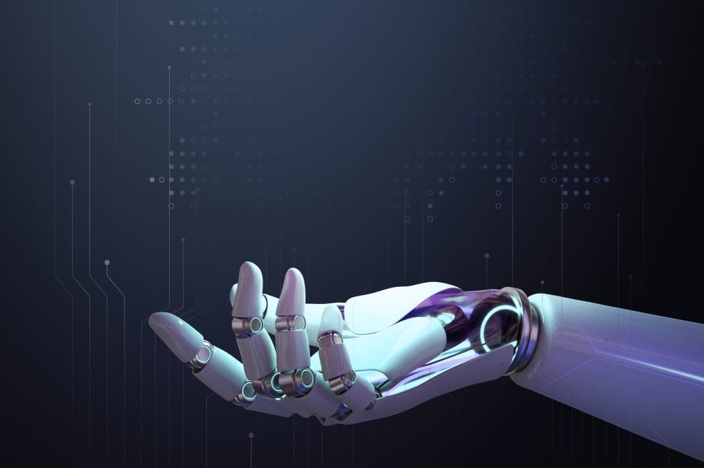 3D robot hand background, AI technology side view cómo funciona la inteligencia artificial