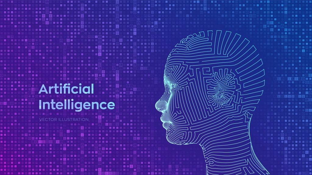 AI. Artificial intelligence concept. Abstract wireframe digital human face on streaming matrix digital binary code background. Human head in robot digital computer interpretation. Vector illustration.