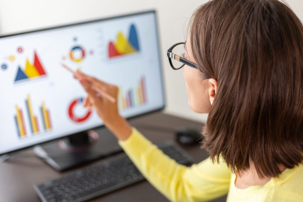 Caucasian advisor financial business analytics woman with data dashboard graphs business intelligence